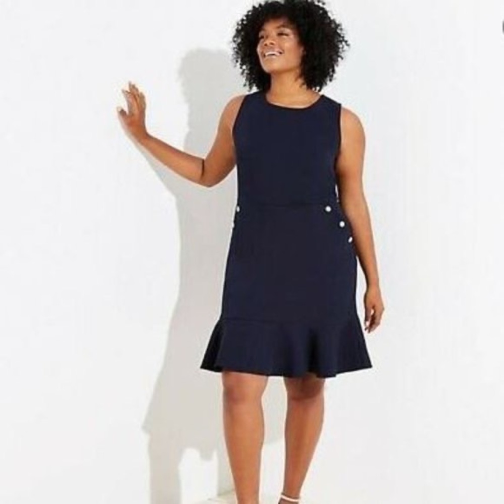 Loft Navy Blue Ruffle Faux Pearl Dress 22W